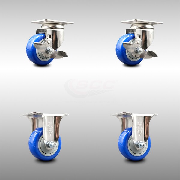 Service Caster 3.5 Inch 316SS Blue Polyurethane Swivel Top Plate Caster Brake 2 Rigid, 2PK SCC-SS31620S3514-PPUB-BLUE-TLB-2-R-2 - main